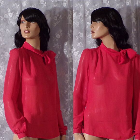 Jonathan Martin Vintage 70s Sheer Red Pin Stripe Blouse Retro Size Small Medium - Picture 3 of 11